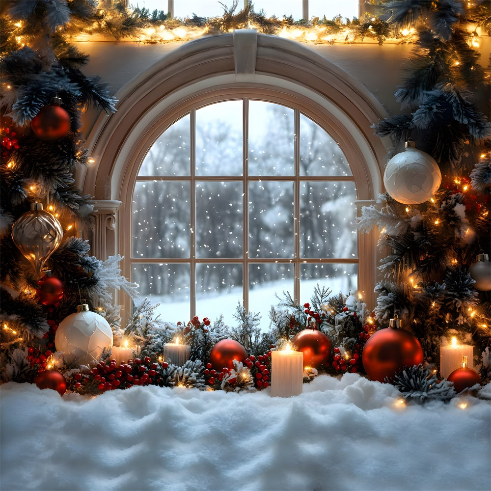 Toile de fond Décorations de boules de Noël avec vue sur flocons depuis fenêtre RR9-71