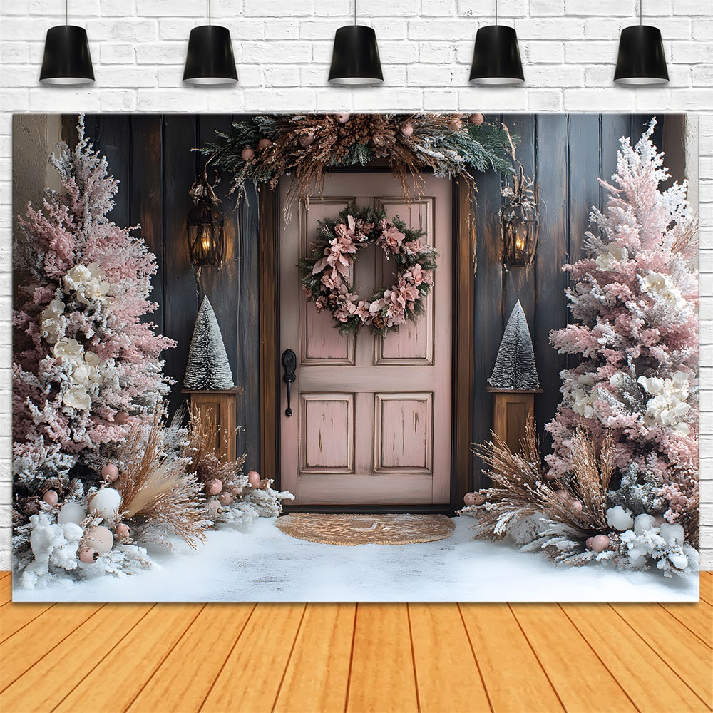 Toile de fond Sapin rose avec couronne et porte sous la neige de Noël RR9-77