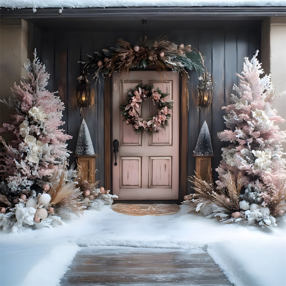 Toile de fond Sapin rose avec couronne et porte sous la neige de Noël RR9-77