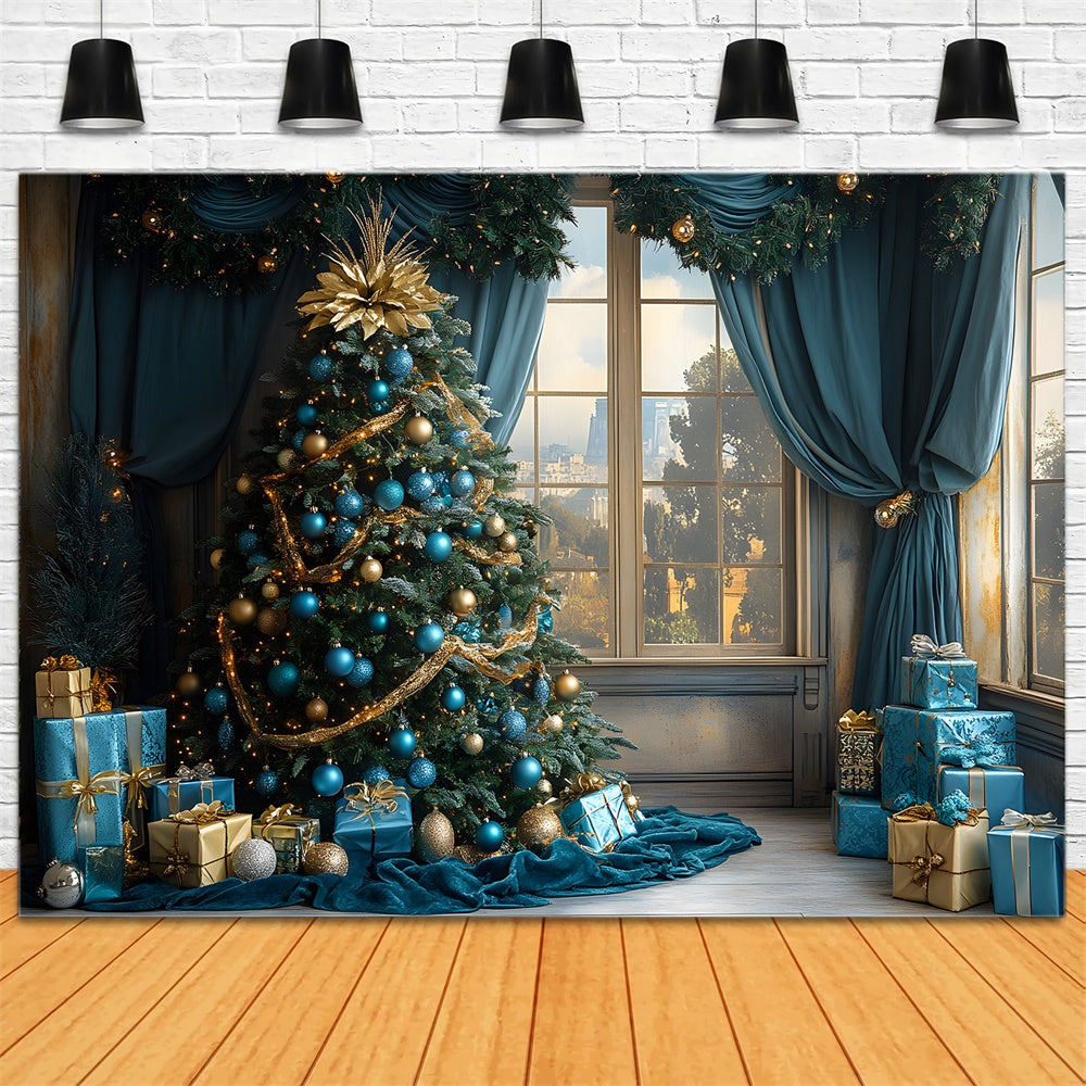 Toile de fond Boules bleues sur sapin avec vue sur ville depuis la fenêtre de Noël RR9-78