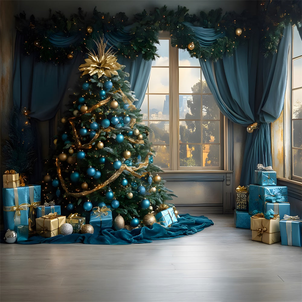 Toile de fond Boules bleues sur sapin avec vue sur ville depuis la fenêtre de Noël RR9-78