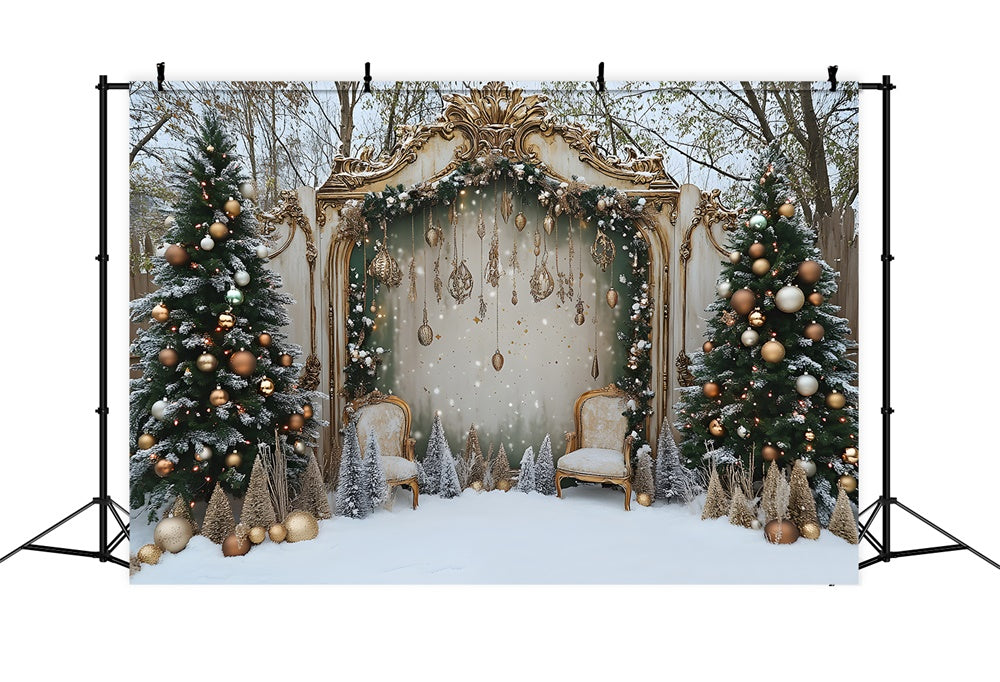 Toile de fond Jardin enneigé avec sapin décoré et porte de Noël RR9-79