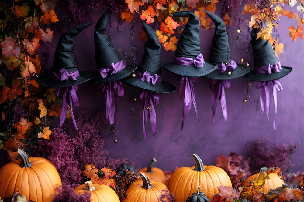 Toile de fond Citrouille avec chapeau mur violet d'Halloween RR9-81