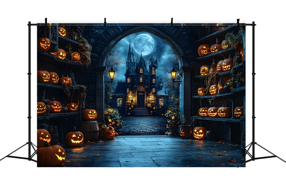 Toile de fond Château effrayant citrouille lumineuse d'Halloween RR9-82