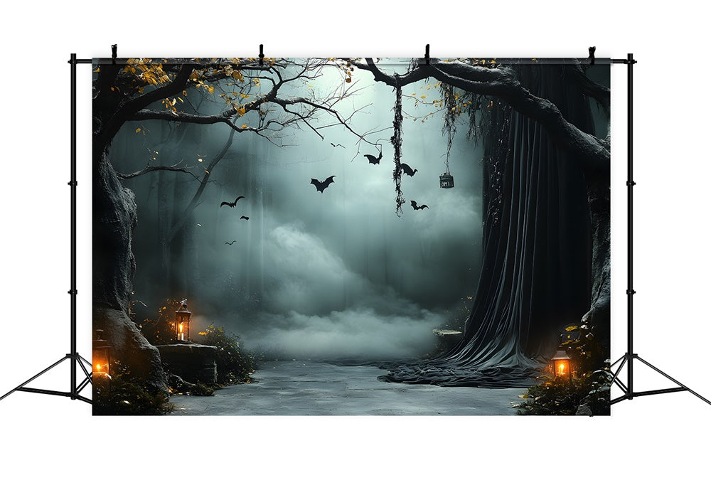 Toile de fond Arbres brumeux avec chauves-souris et lanternes d'Halloween RR9-91