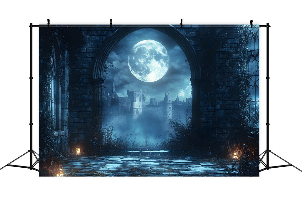 Toile de fond Pleine lune avec porte en arche de château d'Halloween RR9-93