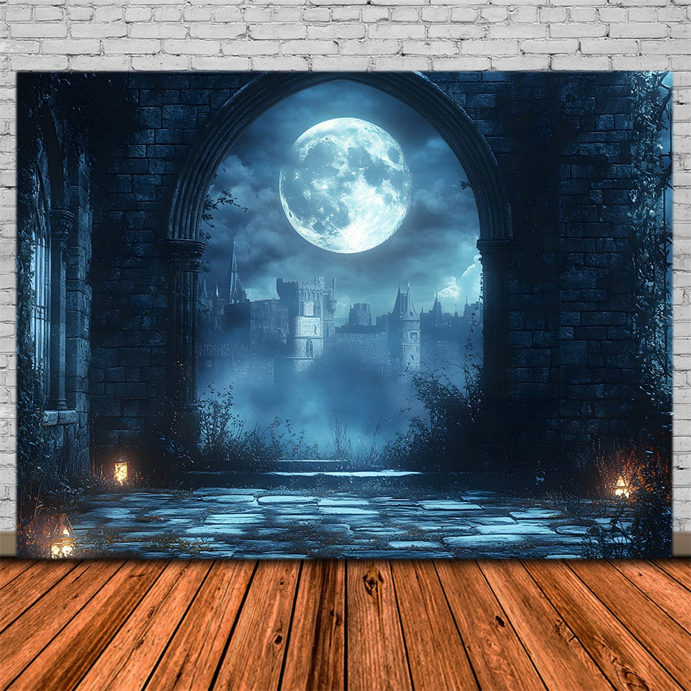 Toile de fond Pleine lune avec porte en arche de château d'Halloween RR9-93