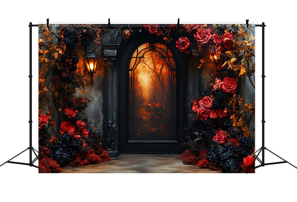 Toile de fond Porte en arche avec guirlande de fleurs d'Halloween RR9-98