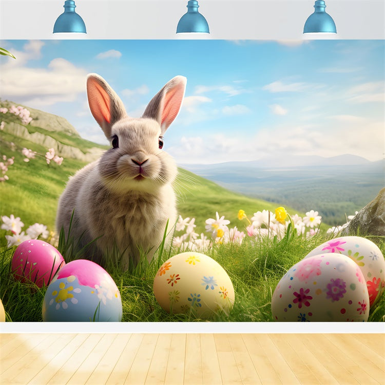 Toile de fond paques Colline Printanière Lapin Heureux TWW3-33