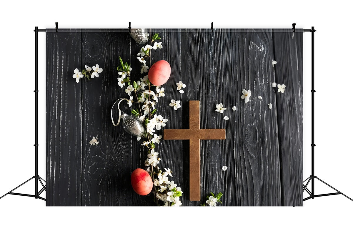 Toile de fond pâques Croix en Bois Rustique Fleurie TWW3-8