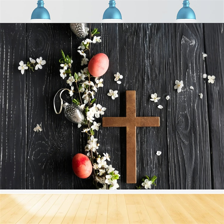 Toile de fond pâques Croix en Bois Rustique Fleurie TWW3-8