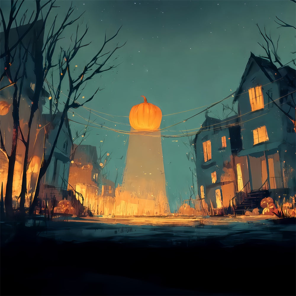 Toiles de fond effrayantes pour Halloween Rue aux citrouilles lumineuses Toile de fond pour photos Halloween à la tombée de la nuit TWW510-14