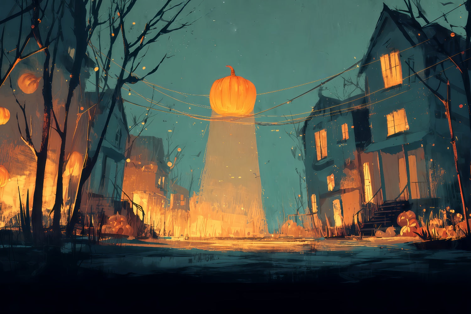 Toiles de fond effrayantes pour Halloween Rue aux citrouilles lumineuses Toile de fond pour photos Halloween à la tombée de la nuit TWW510-14