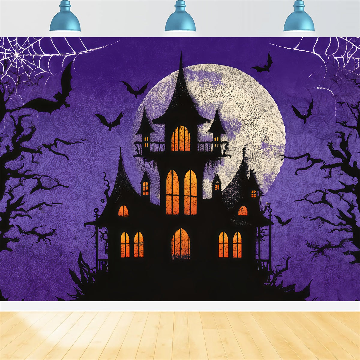 Fond Halloween chauves-souris Château hanté Lune violette Fonds effrayants pour Halloween TWW510-20