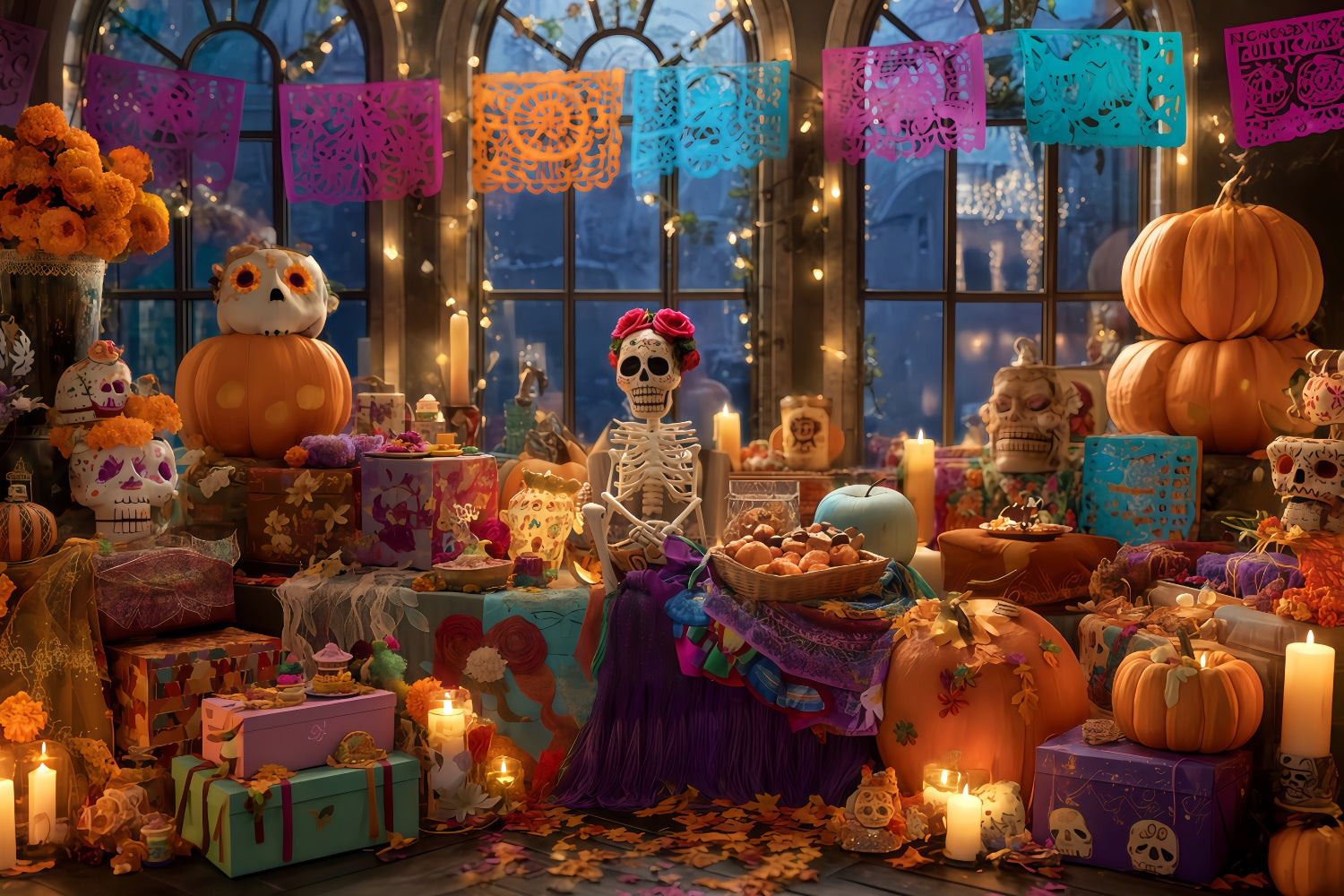 Fonds effrayants pour Halloween Skeleton Fiesta Candlelight Decor Fonds Halloween TWW510-32