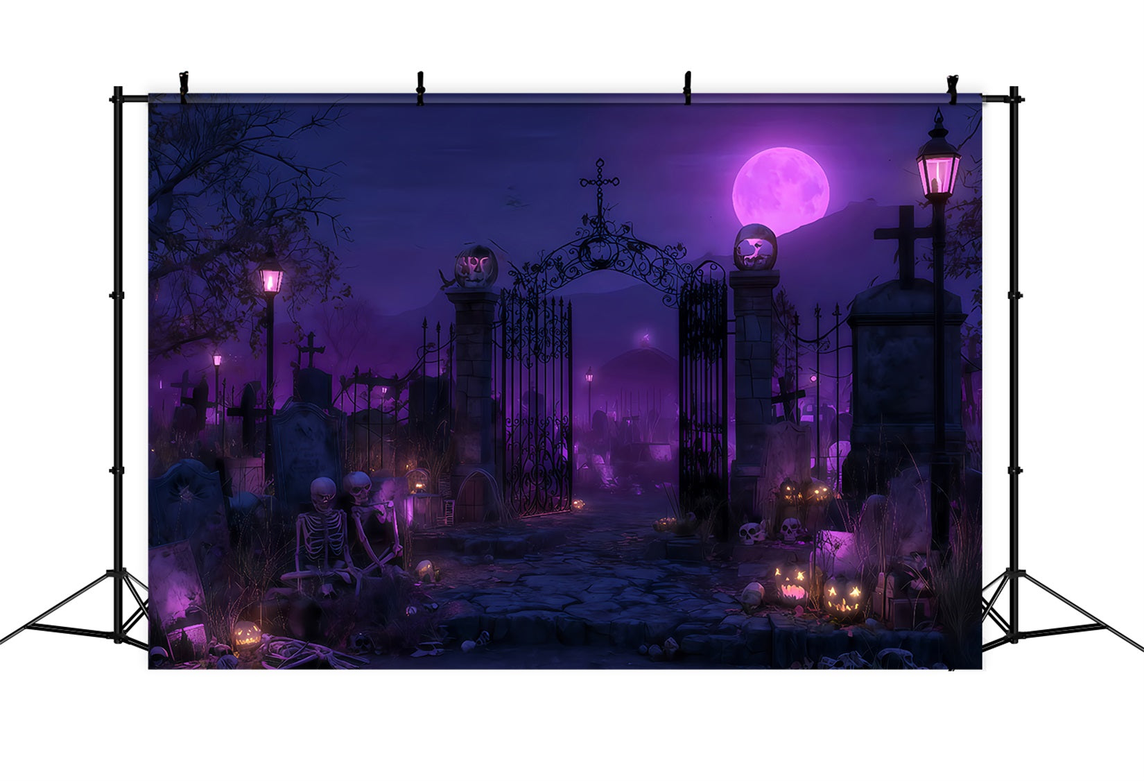 Toile de fond fantôme pour Halloween, lune violette, porte de cimetière, toile de fond pour photos d'Halloween TWW510-49