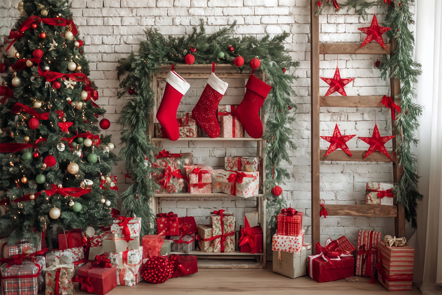 Fond mural de Noël Chaussettes douillettes Coin cadeaux Fonds de Noël TWW510-57