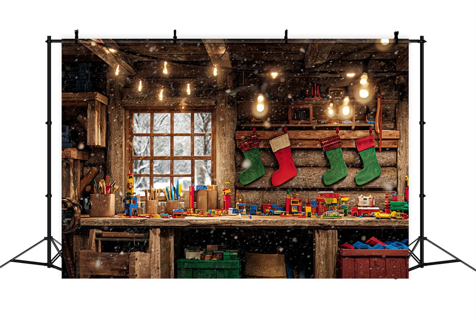 Fond Atelier du Père Noël Cabane en bois Banc à jouets Fond de Noël TWW510-64