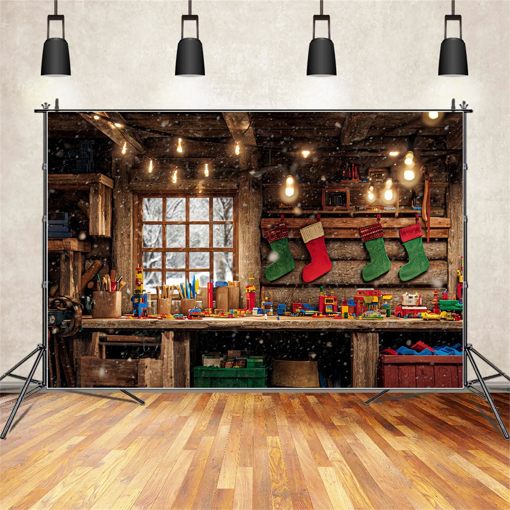 Fond Atelier du Père Noël Cabane en bois Banc à jouets Fond de Noël TWW510-64