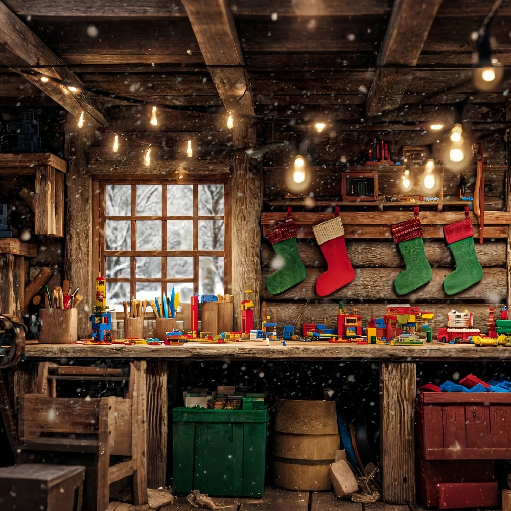 Fond Atelier du Père Noël Cabane en bois Banc à jouets Fond de Noël TWW510-64