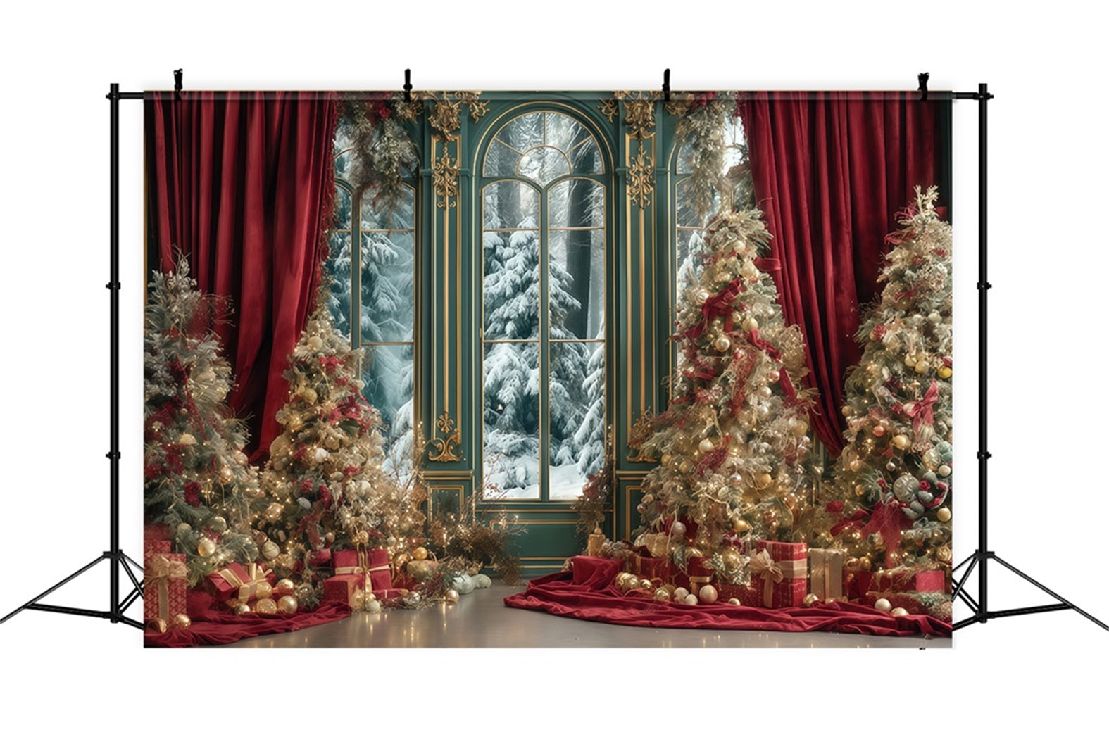 Toile de fond Arbre de Noël Rideau rouge Palais d'hiver Toiles de fond photo de Noël TWW510-67