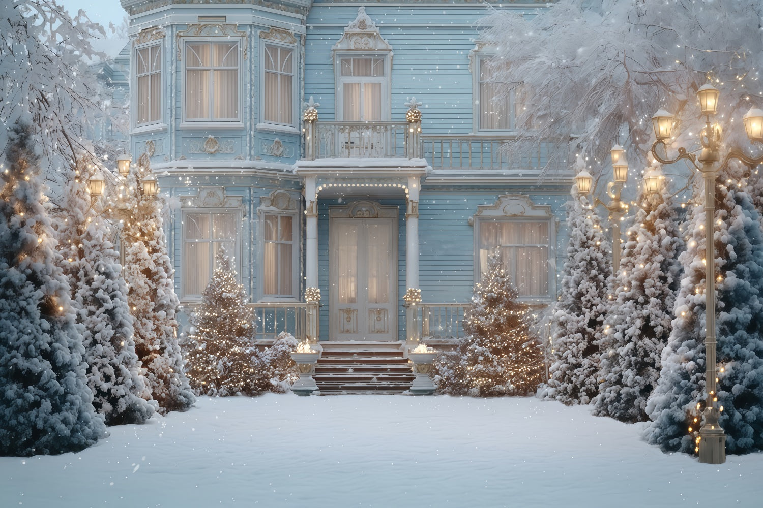 Fond Arbre de Noël Fond de Noël bleu avec manoir victorien en hiver TWW510-70