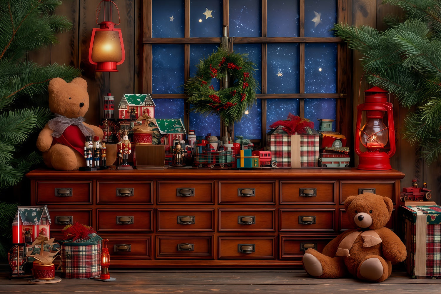 Fond de scène Atelier du Père Noël Atelier de jouets confortable Fenêtre Fonds de scène de Noël TWW510-87