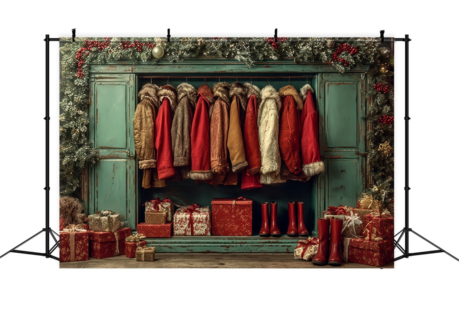 Fond d'atelier du Père Noël Manteaux confortables Garde-robe des fêtes Fond photo de Noël TWW510-90