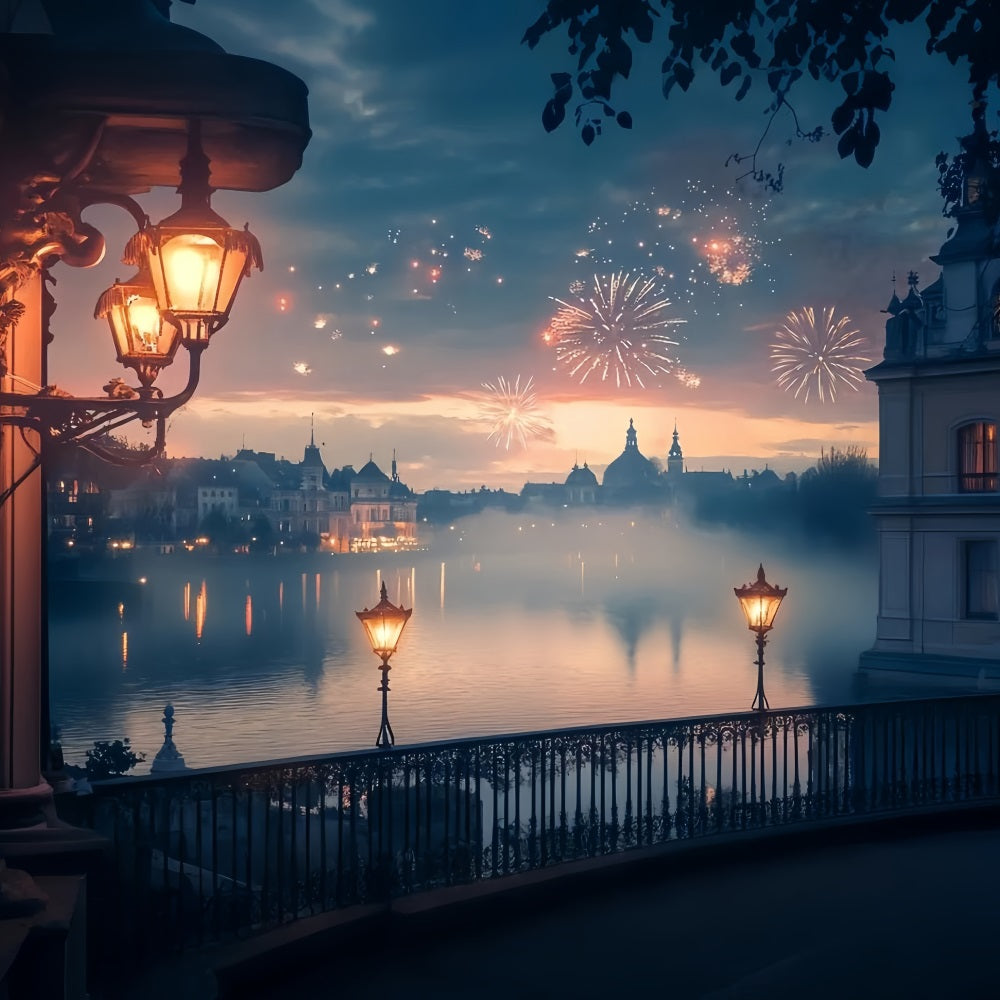 Fond photo pour le Nouvel An Lac doré Feux d'artifice Lumières de la ville Fond nocturne TWW512-13