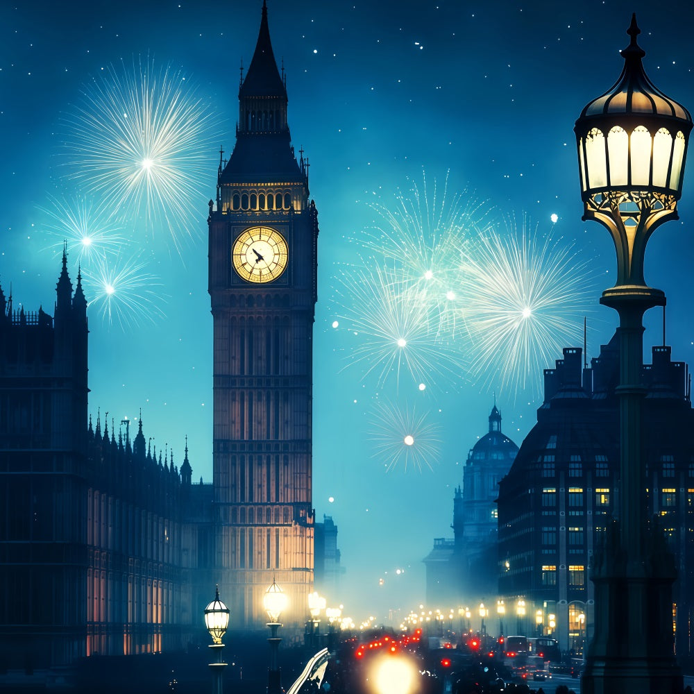 Fonds pour le Nouvel An avec tour de l'horloge de Londres et feux d'artifice, fond urbain nocturne TWW512-15