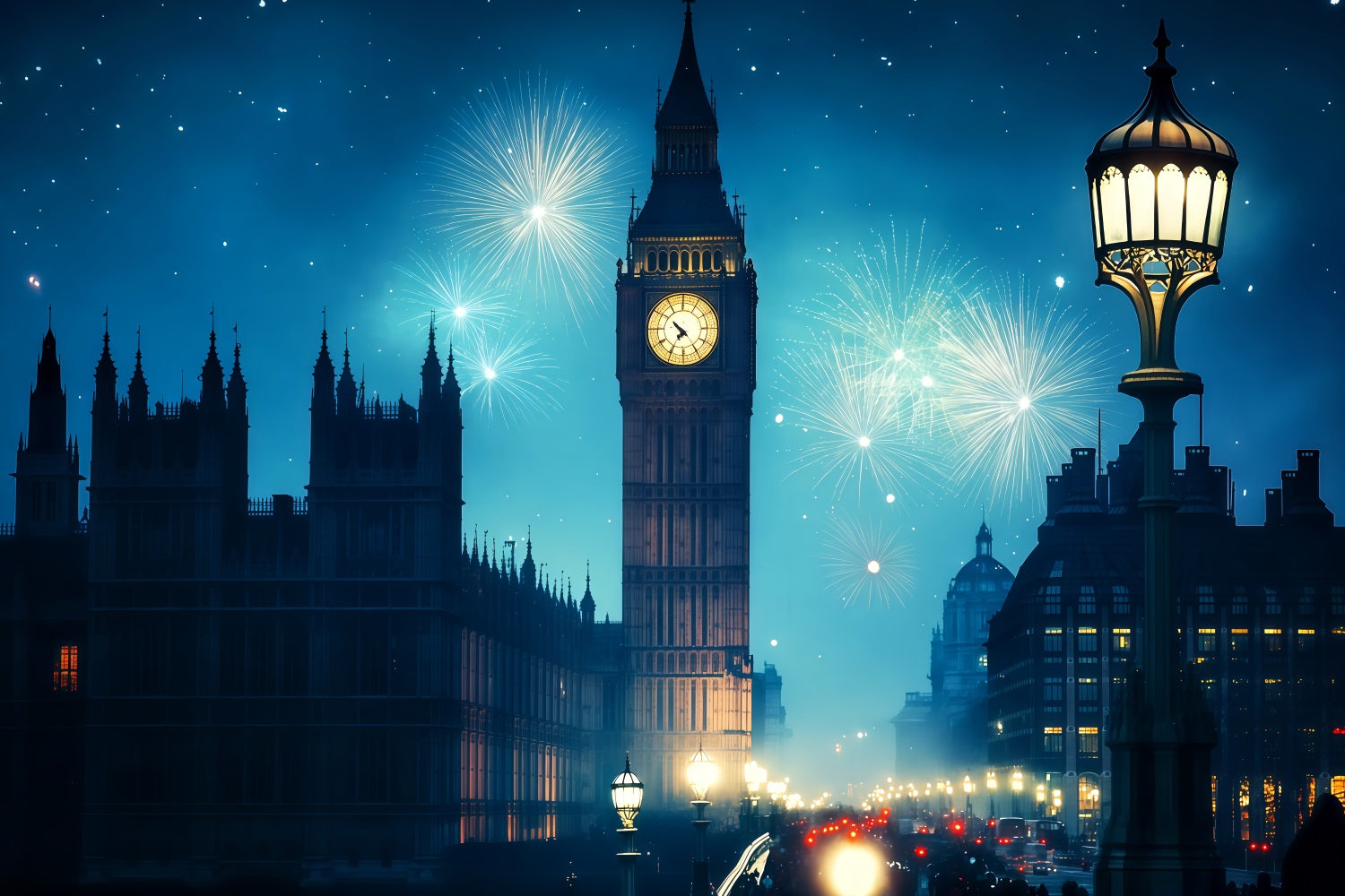 Fonds pour le Nouvel An avec tour de l'horloge de Londres et feux d'artifice, fond urbain nocturne TWW512-15