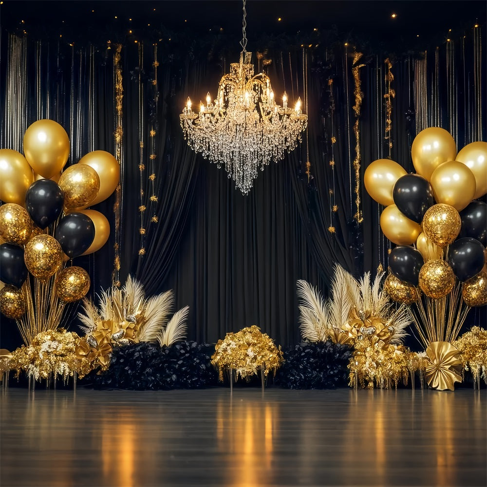 Idées de toiles de fond pour le Nouvel An Lustre de luxe Ballons Toile de fond noire et dorée TWW512-28