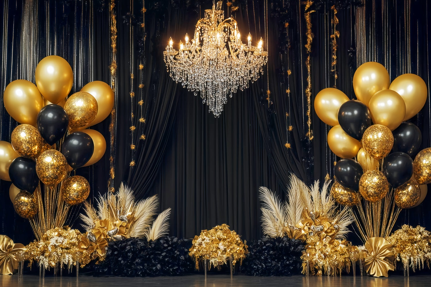 Idées de toiles de fond pour le Nouvel An Lustre de luxe Ballons Toile de fond noire et dorée TWW512-28