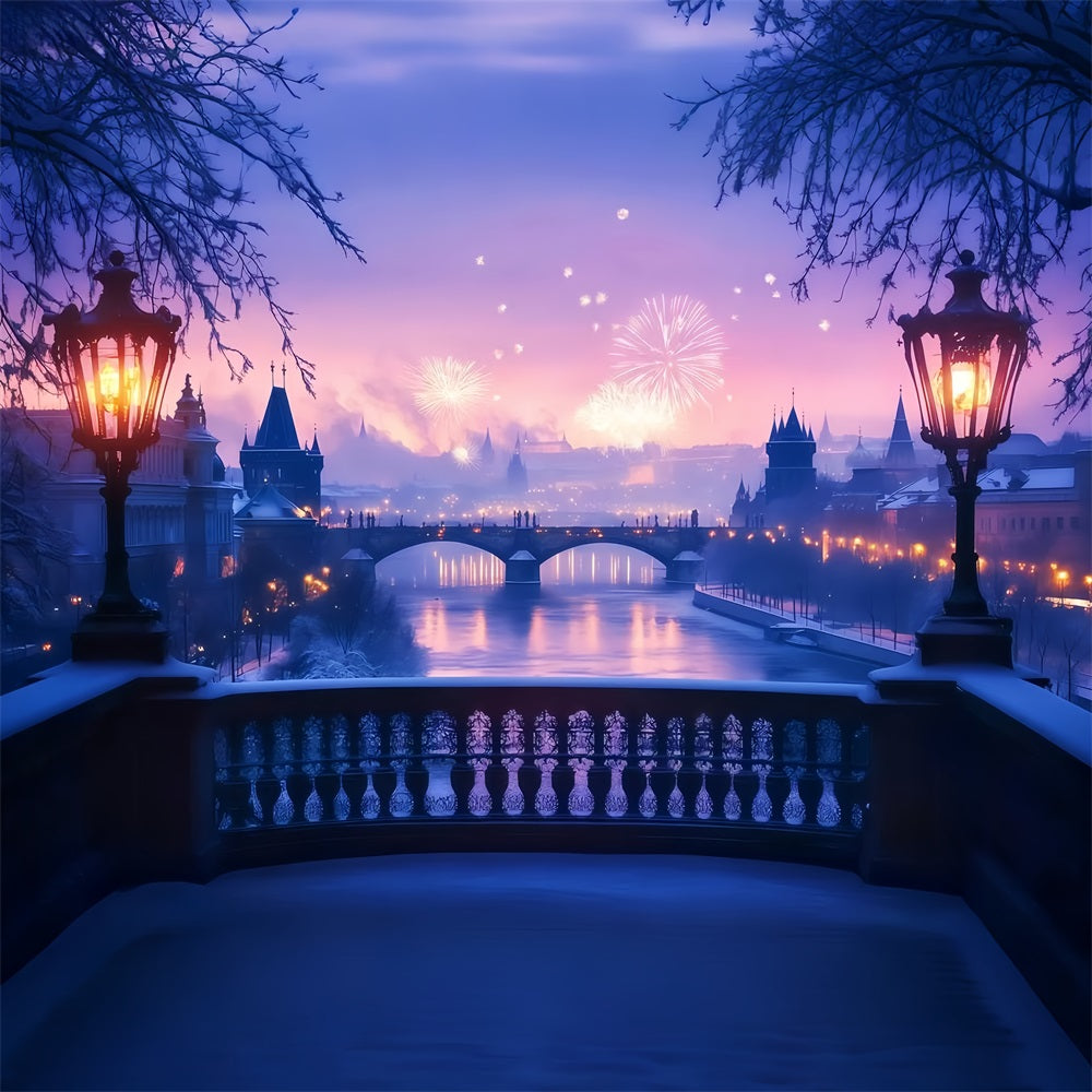 Toile de fond pour photos du Nouvel An Rivière gelée Feux d'artifice Lueur Toile de fond nocturne TWW512-29