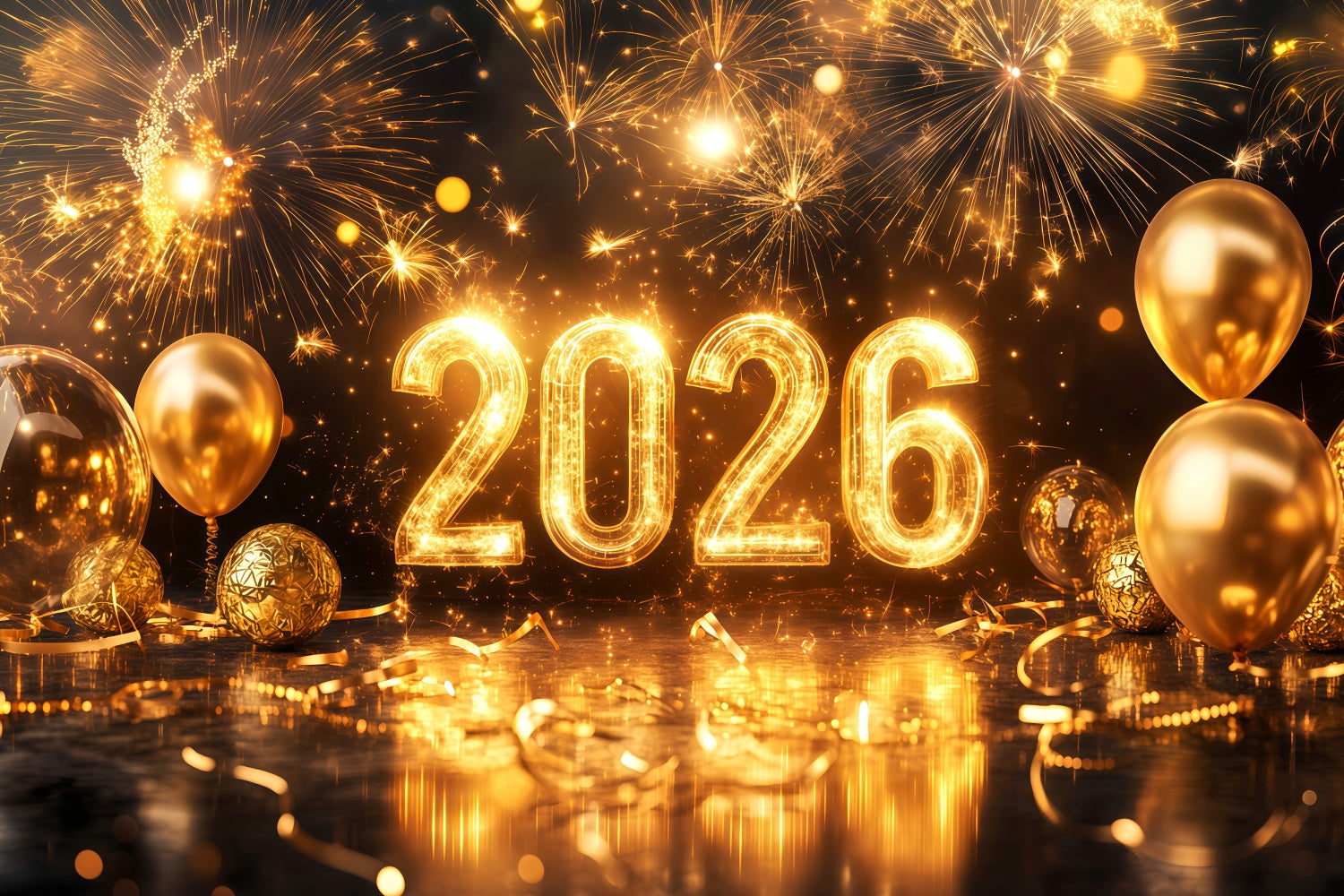 Fond pour le Nouvel An 2026 Ballons dorés scintillants Feux d'artifice Fond TWW512-4