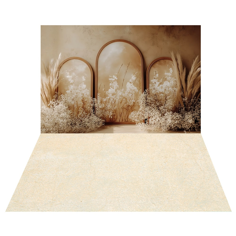 Toile de fond Cadre Fleur Beige + Sol Marbre Chaleureux TWW57-106