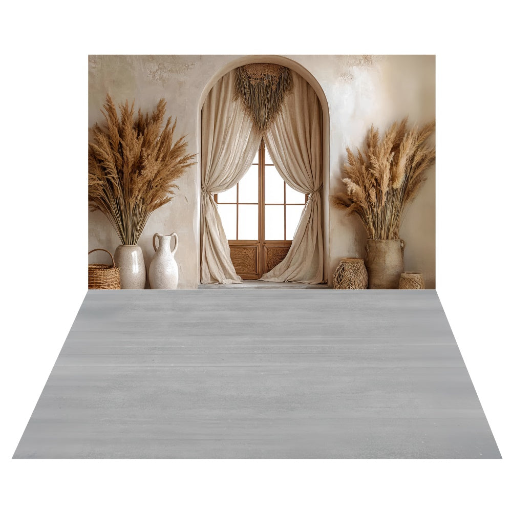 Toile de fond Fenêtre Voilage Pampas + Sol Gris Urbain TWW57-108