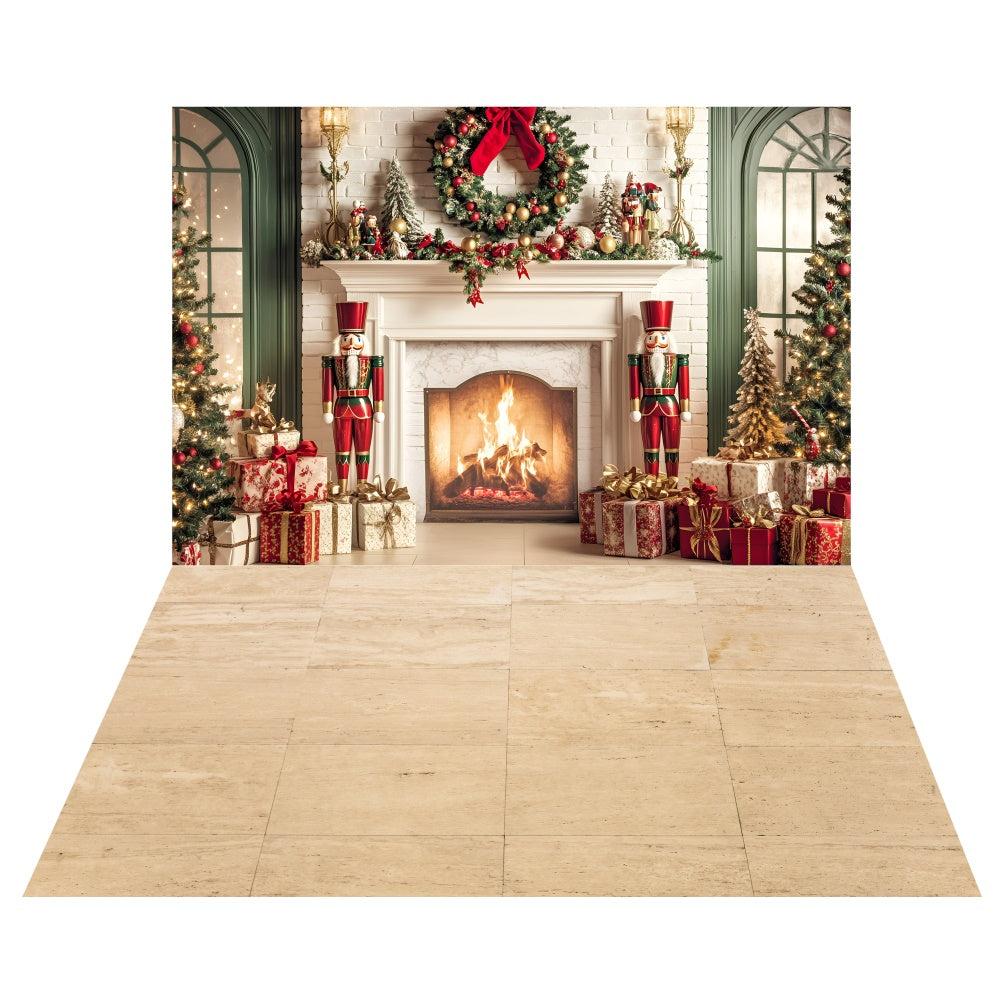 Toile de fond Salon Cheminée de Noël + Sol en Carrelage Chaleureux TWW57-50