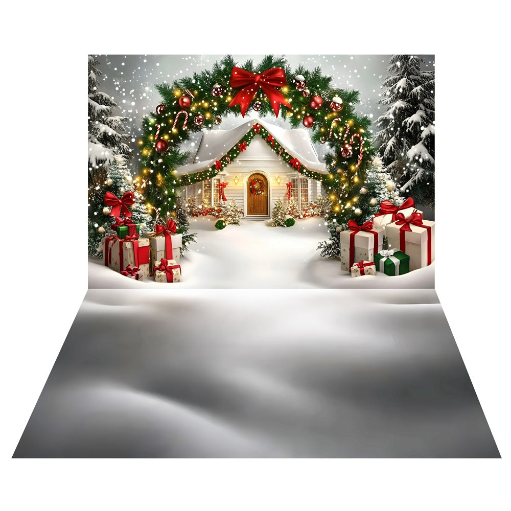 Toile de fond Arche Chalet de Noël + Sol Dune de Neige TWW57-52