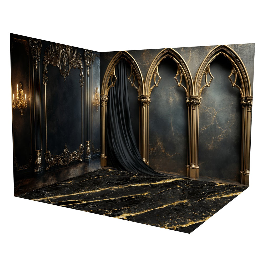 Ensemble de Salle Hall Arche Dorée Mur Gothique Vintage TWW57-65