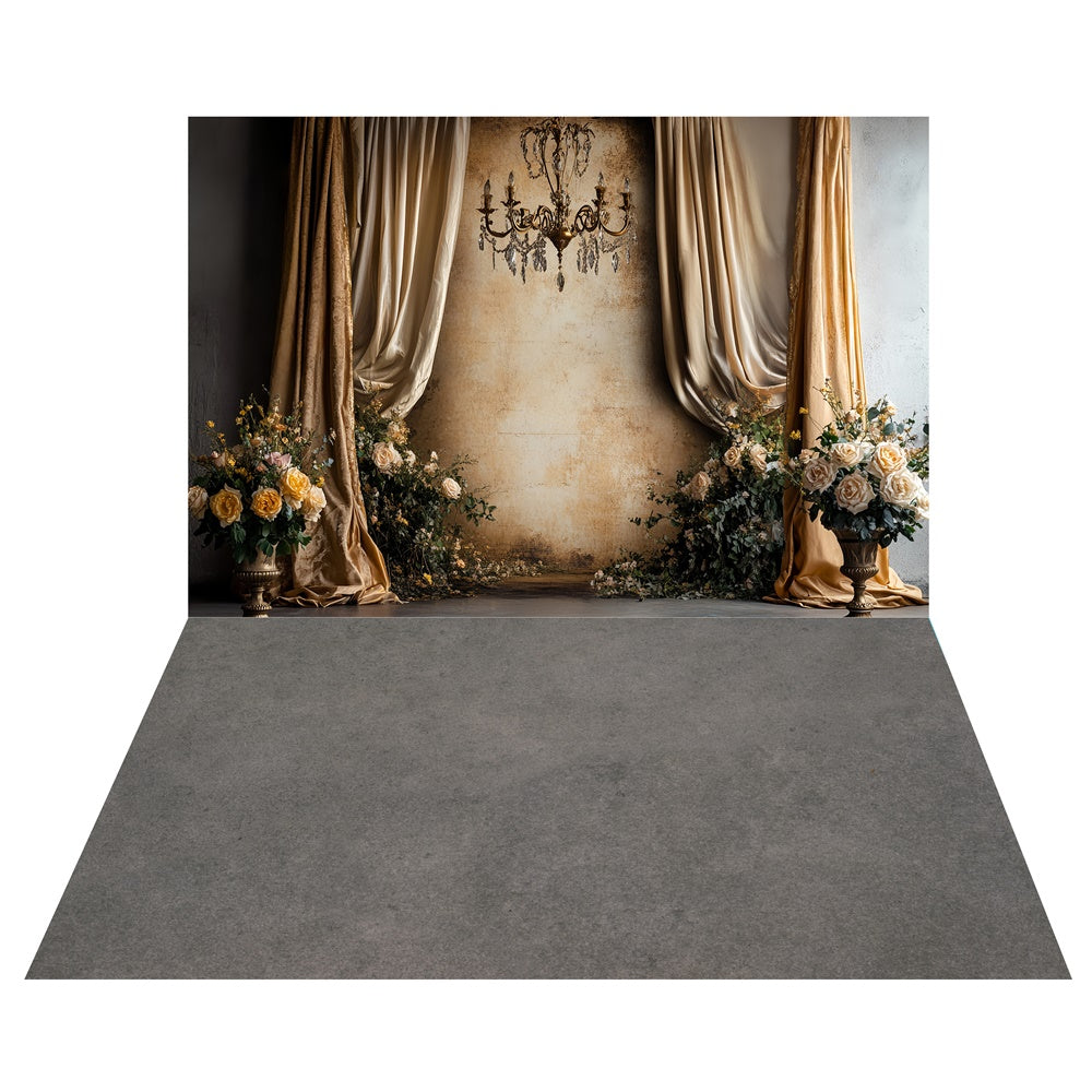 Toile de fond Rideau Champagne Vintage + Sol Gris Ciment TWW57-68