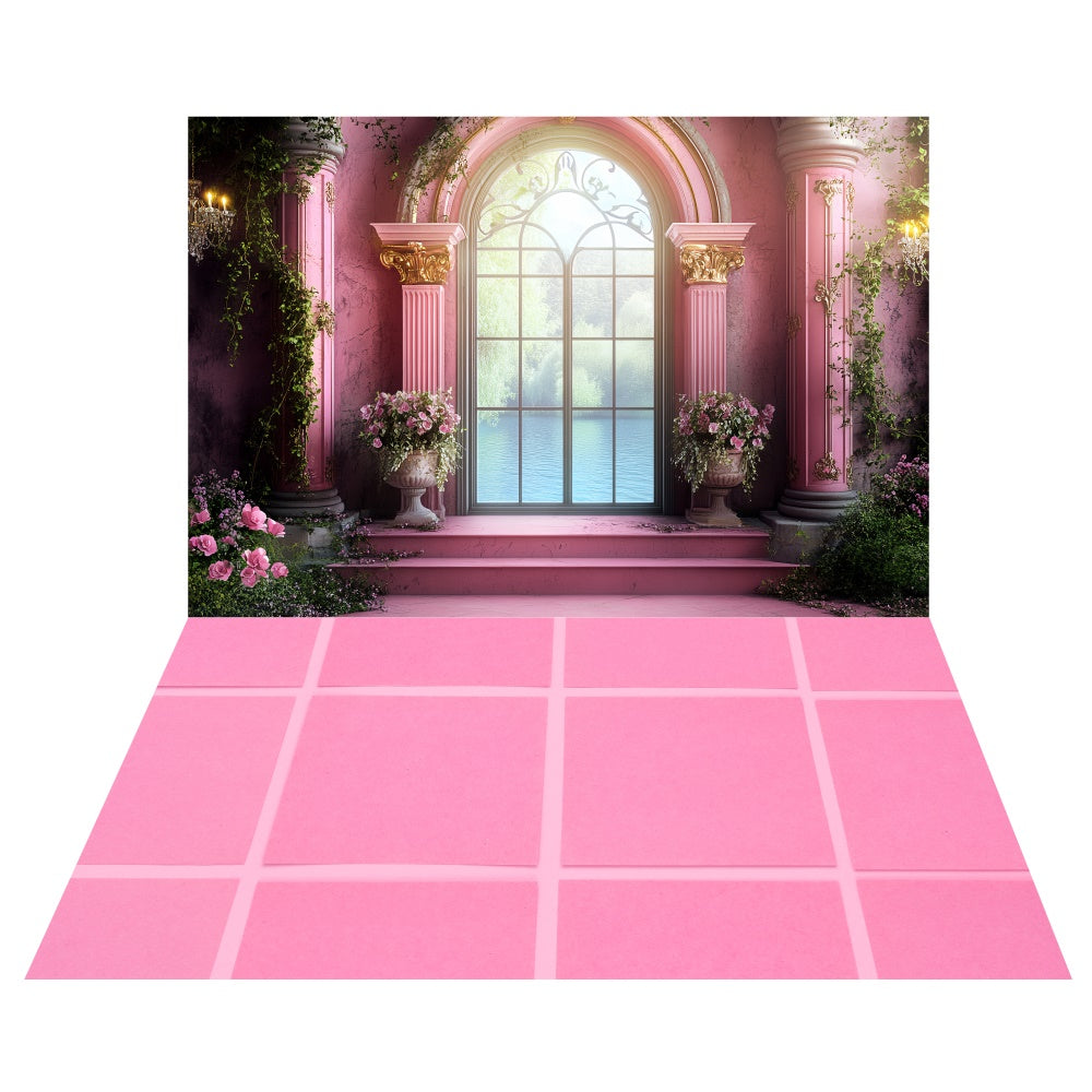 Toile de fond Fenêtre Palais Rosé + Sol Carrelé Rose TWW57-69