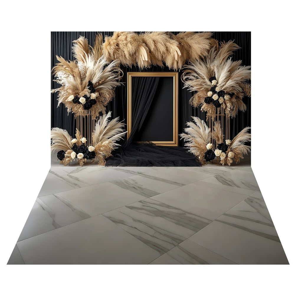 Toile de fond Pampas Glamour Noir Fleuri + Sol Carrelage Marbré TWW57-70