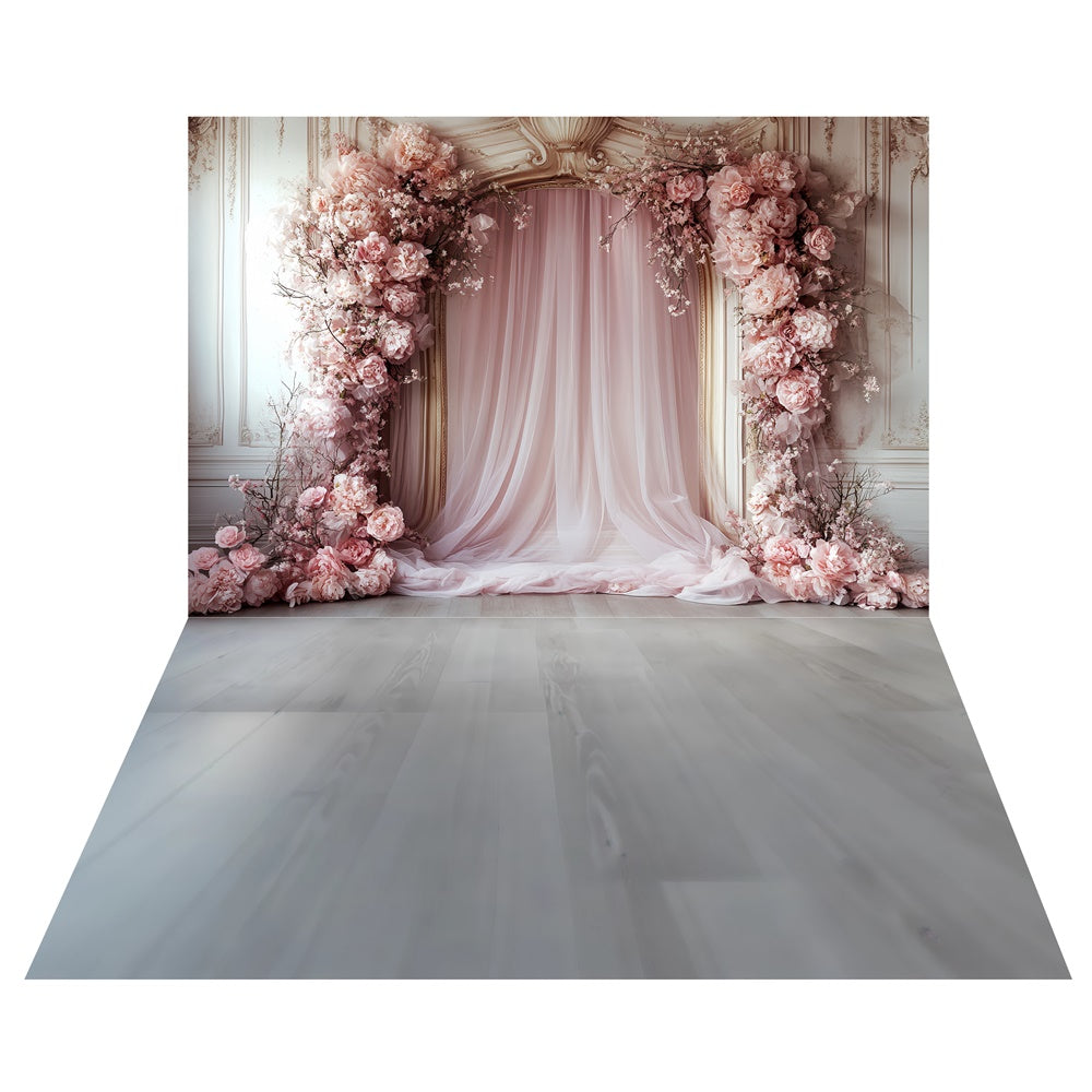 Toile de fond Rideau Pétales Roses Romance + Sol Bois Gris TWW57-74