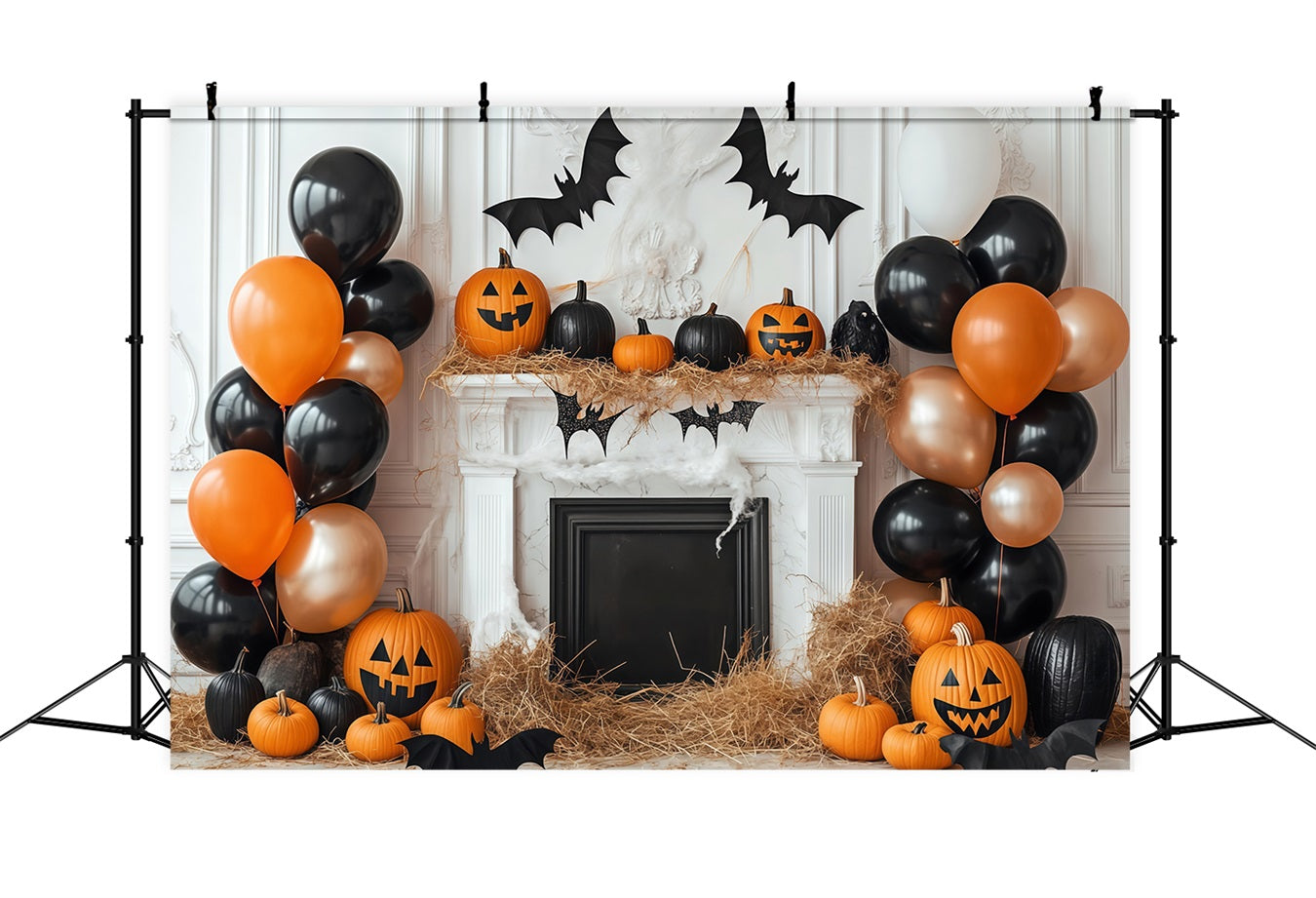 Fond Photo Halloween Mur De Citrouille Cheminée Avec Décor De Ballons TWW58-1