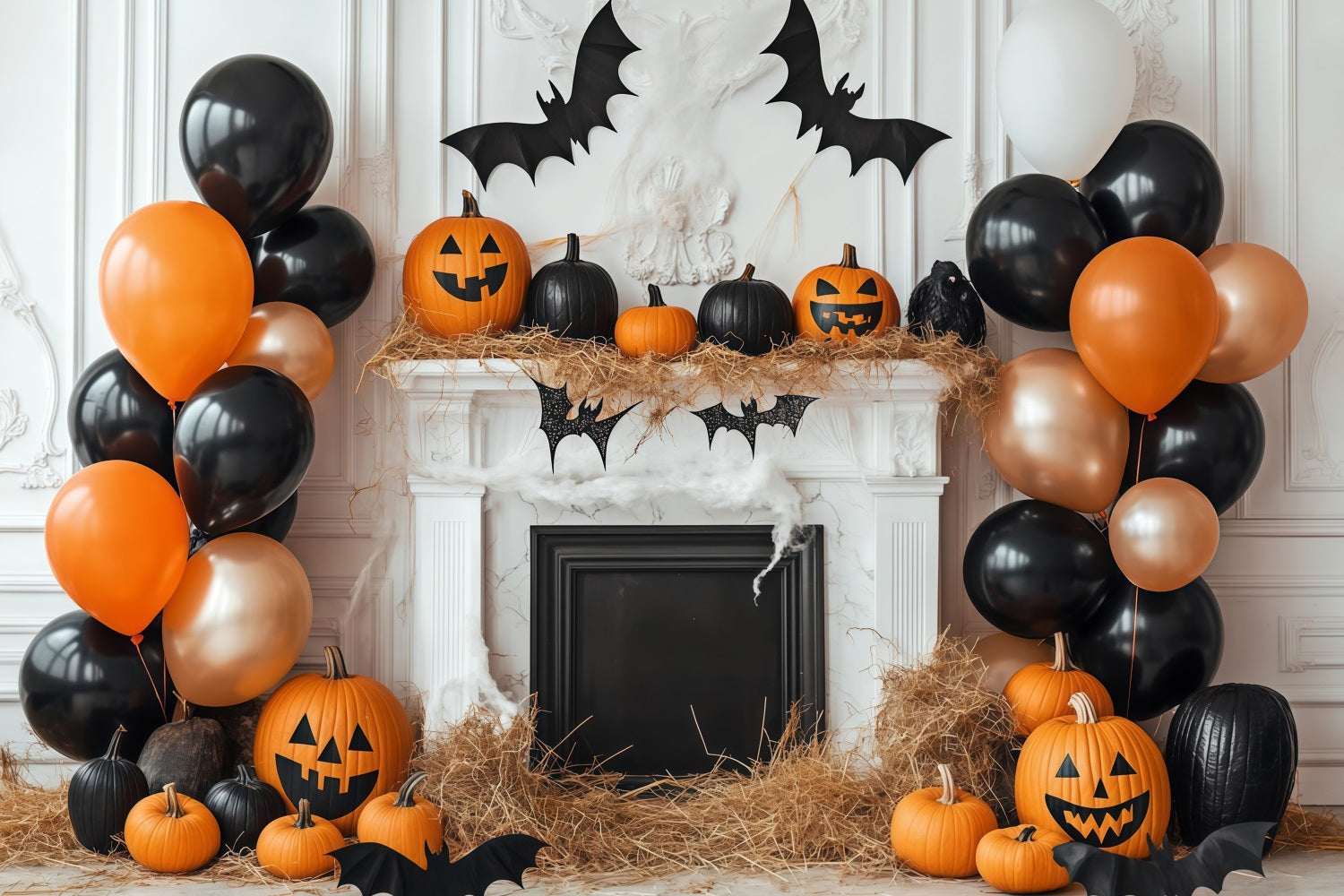 Fond Photo Halloween Mur De Citrouille Cheminée Avec Décor De Ballons TWW58-1