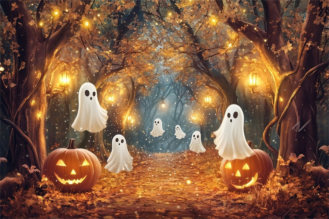 Toile Halloween Cimetière Fantômes Lumineux Dans Bois D’Automne Enchanté TWW58-10