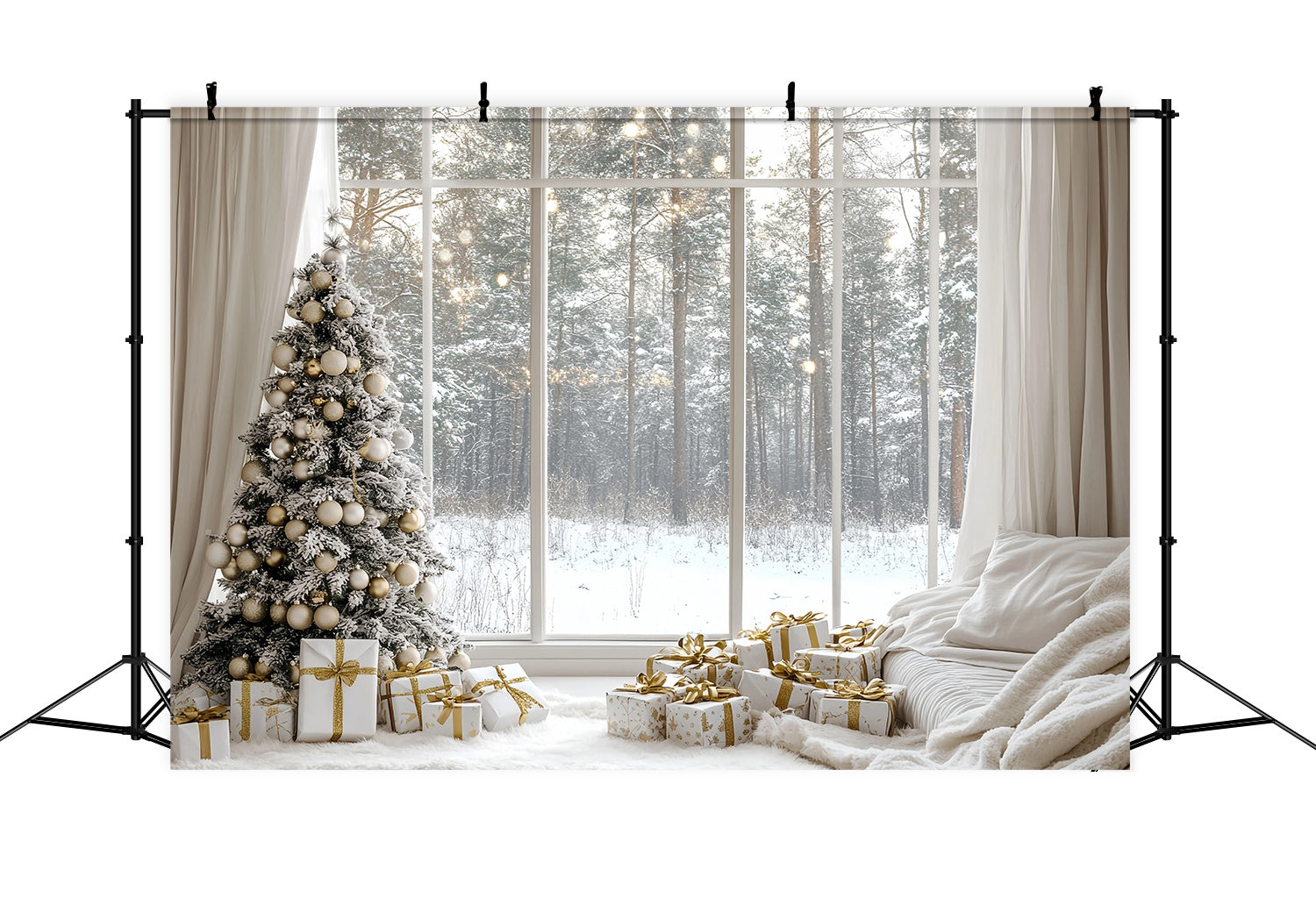 Toile de fond Noël Fenêtre Chaleureuse Sapin Doré Neige TWW58-100