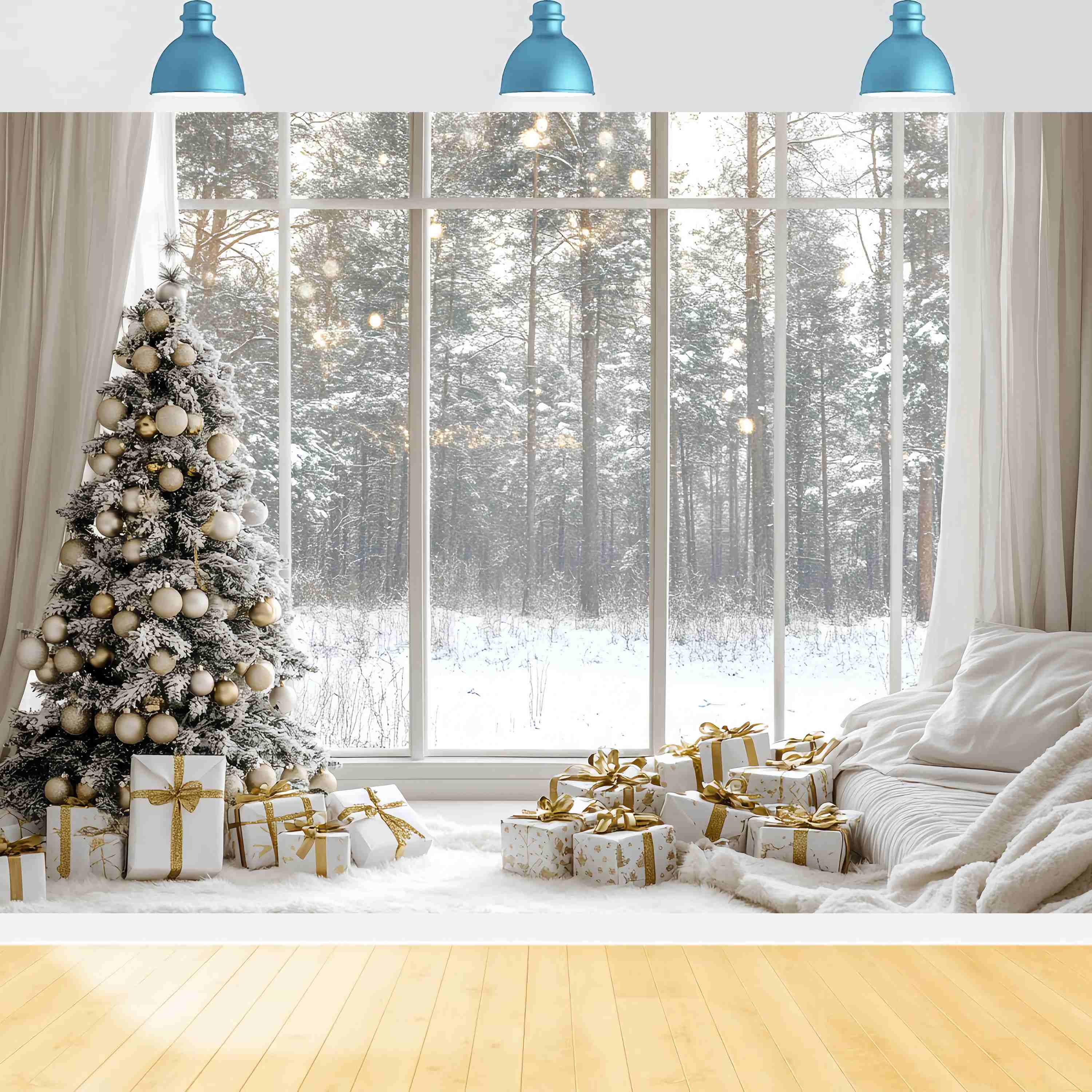 Toile de fond Noël Fenêtre Chaleureuse Sapin Doré Neige TWW58-100