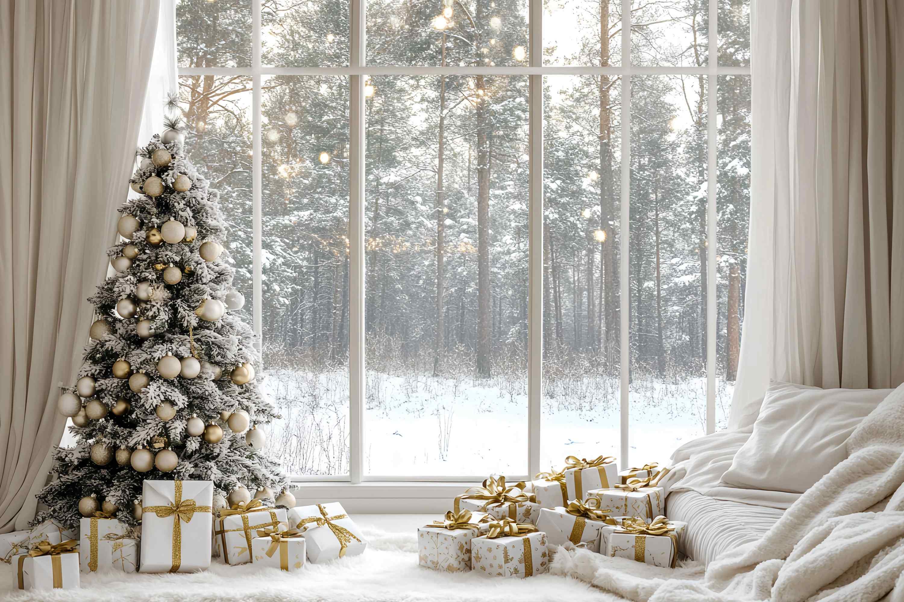 Toile de fond Noël Fenêtre Chaleureuse Sapin Doré Neige TWW58-100